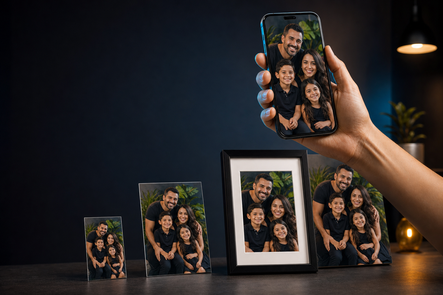 Familia retratada en un celular y en impresiones fotográficas de distintos tamaños